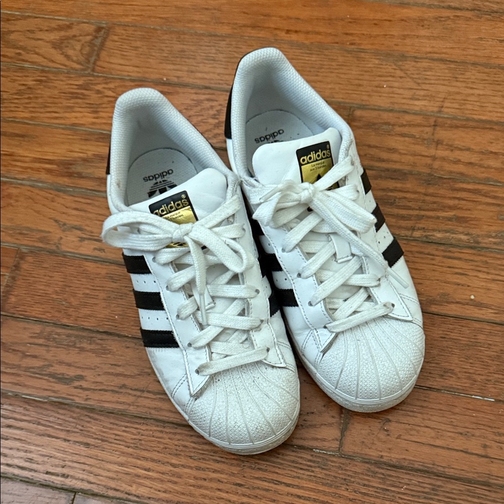 Adidas Kids White and Black Sneakers with Gold Accents